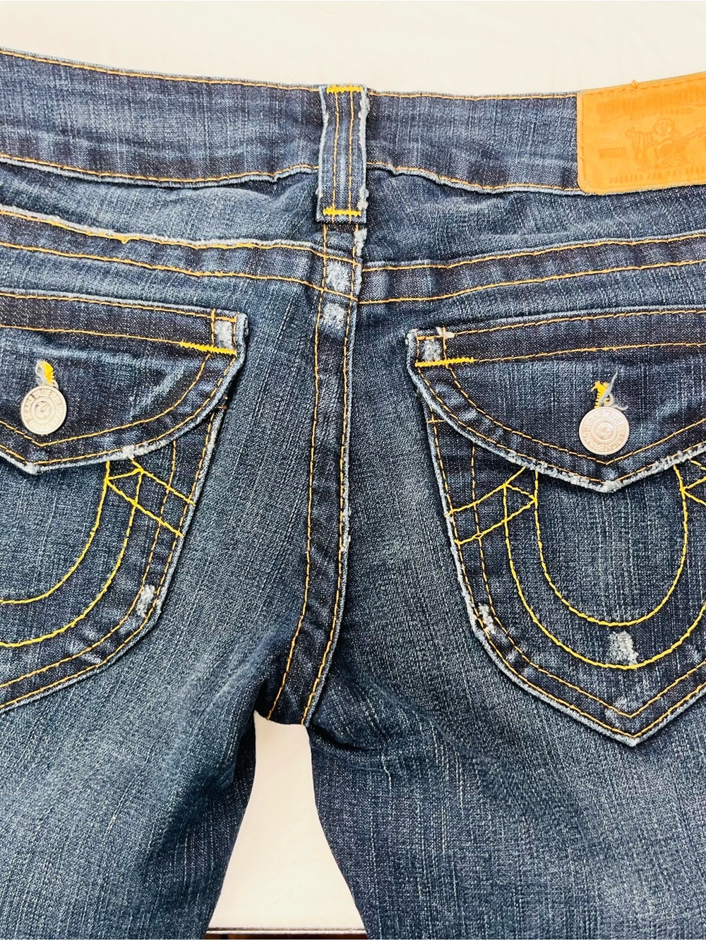 Y2K True Religion Women's Dark Blue Denim Bootcut Jeans with Yellow Stitching